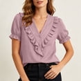 thumbnail image 4 of Cilsoka Women's Ruffle Trim Button Down Shirts Summer V Neck Puff Sleeve Cotton Linen Tops Casual Loose Fit Solid Blouse, 4 of 6