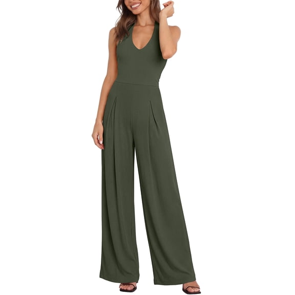 Women's Halter Neck Wide Leg Jumpsuit Sleeveless Backless Casual Elegant Long Romper