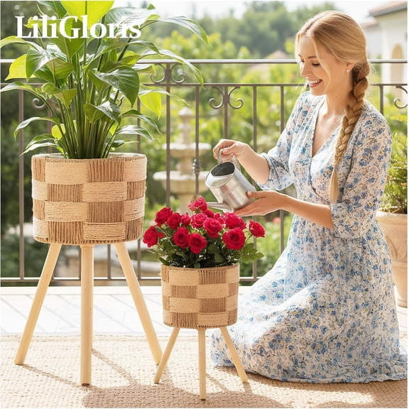 Boho Rattan Plant Stand Set of 2 – Handwoven Wicker Mid- Modern Floor Planter Stand for Indoor Plants, Large Farmhouse Decor, Sturdy Wood & Rope Design, Housewarming Gift