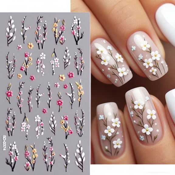 FEOLGEHLY 5D Embossed Golden Floral Nail Stickers, 3D Relief Colorful Flower Self-Adhesive Nail Art Decals for DIY Manicure Decorations