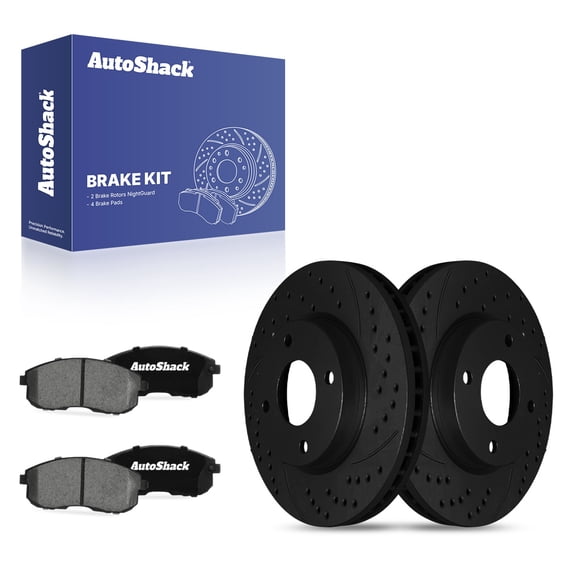 AutoShack Front Brake Rotors & Ceramic Pads for Nissan, Sentra 2007-2010 Cube 2009-2010, FWD L4 1.8L 2.0L 2.5L - E-Coated Drilled & Slotted - Black Finish - NightGuard - 11.01" (279.7 mm), 4-Lug
