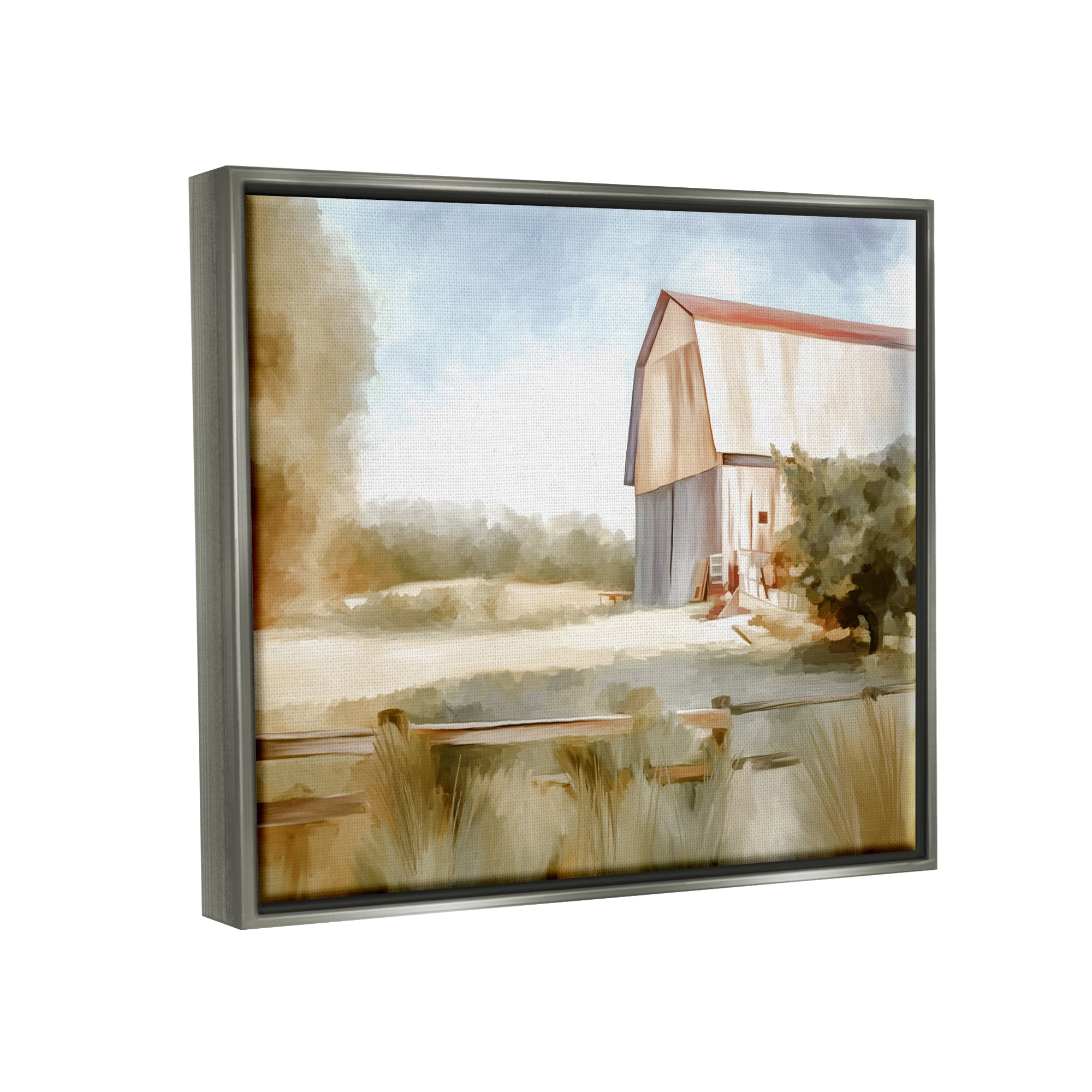 Stupell Industries Barn in Rural Farmland Nature Painting Gray Floater Framed Art Print Wall Art, 21 x 17