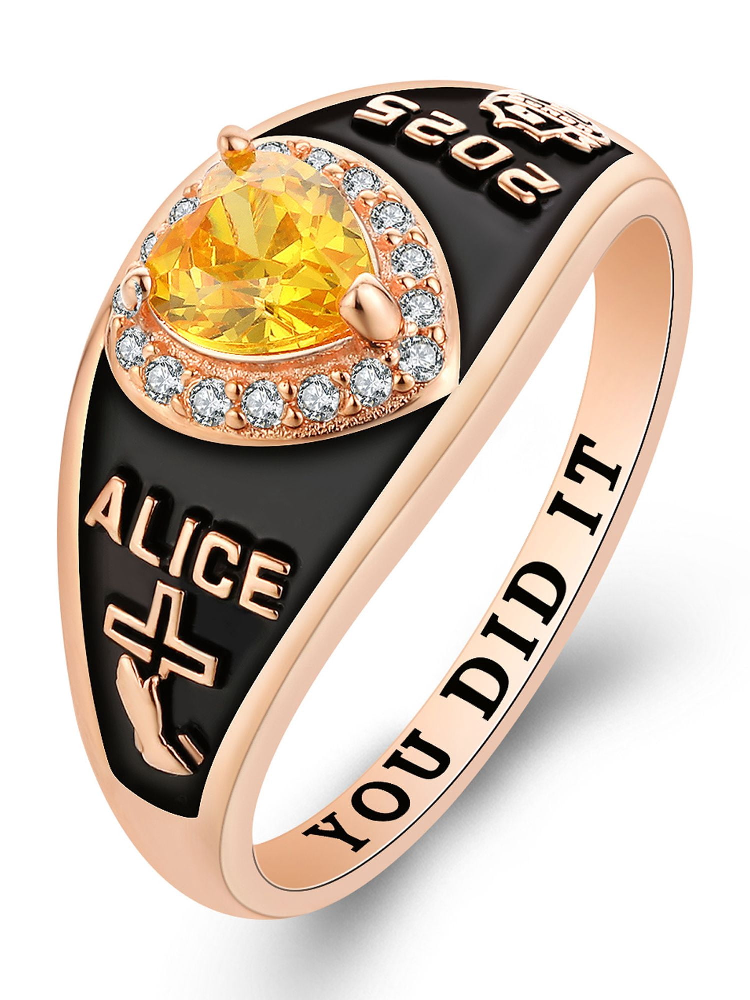 Mementos USA Custom Women's Class Rings Sterling Silver for High School College-Rose Gold-Lovely