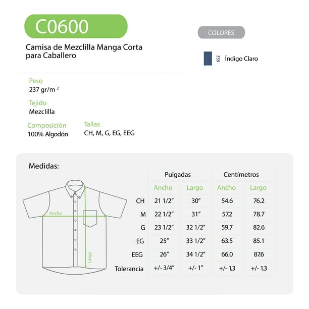 Camisa de Mezclilla Manga Corta para Caballero Color Indigo Claro Talla Mediana 100 Algodon. Yazbek C0600 Bodega Aurrera en linea