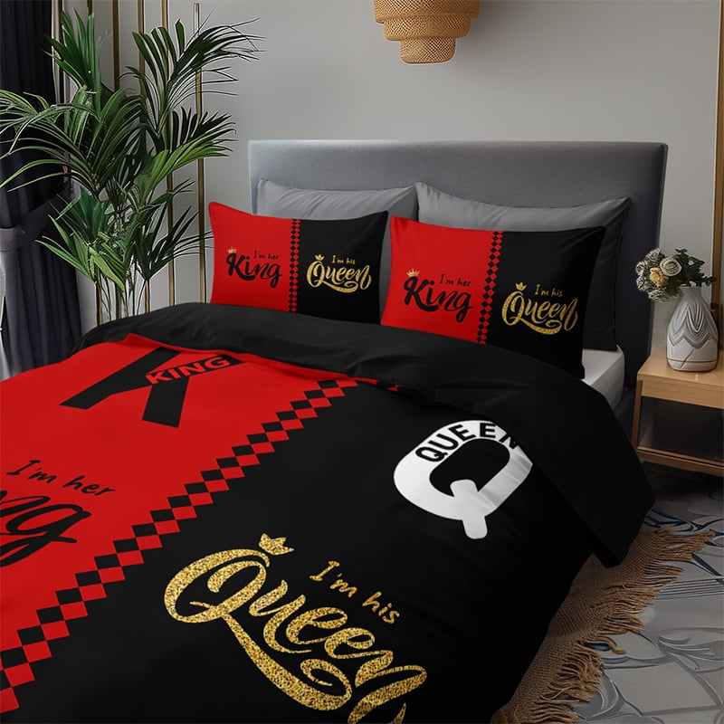 3PCS Duvet cover Set The soft (1 Duvet cover + 2 Pillowcases without Pillow covers), Features high-definition digital printing of crown and letter patterns in a stylish black and gray color scheme.