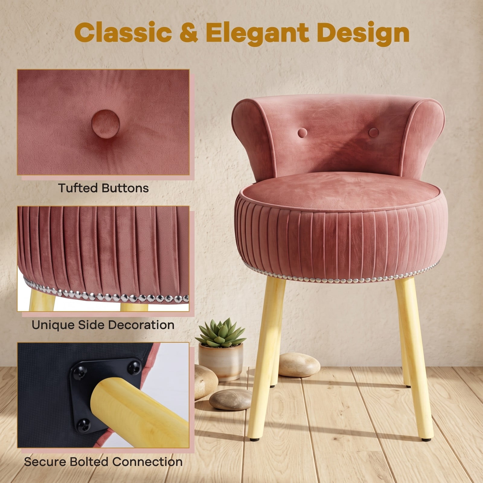 Furnibear Velvet Vanity Chair with Tufted Low Back and Solid Wood Legs for Bedroom Makeup and Dressing Table Seating, dusty rose