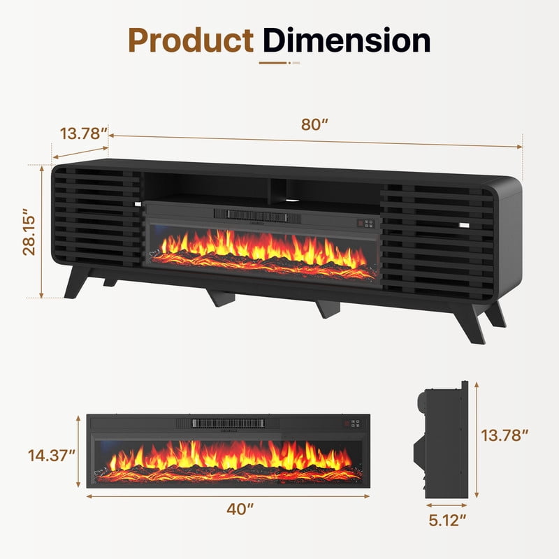BaPiPro Mid‑Century Modern Fireplace TV Stand with 40 Inch Electric Fireplace 12‑Color RGB LED Lights Fits TVs up to 90 Inch Wood Media Console with Slatted Sliding Doors for Living Room Black