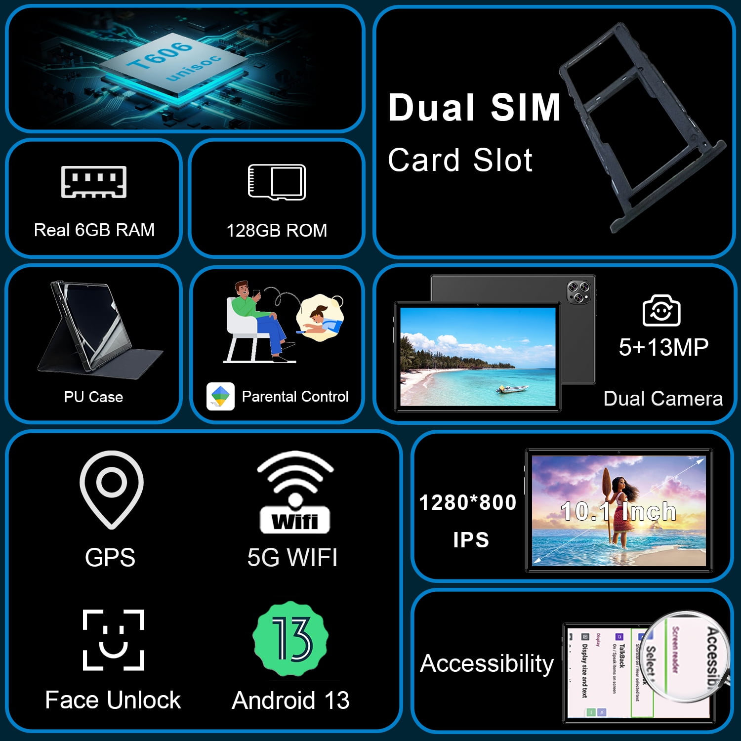 Android 13 Tablet, Tablet with SIM Card Slot Unlocked 4G LTE GSM Cellular Phone Tablet with Octa-Core 6GB RAM 128GB ROM GPS WiFi Case Camera Speaker