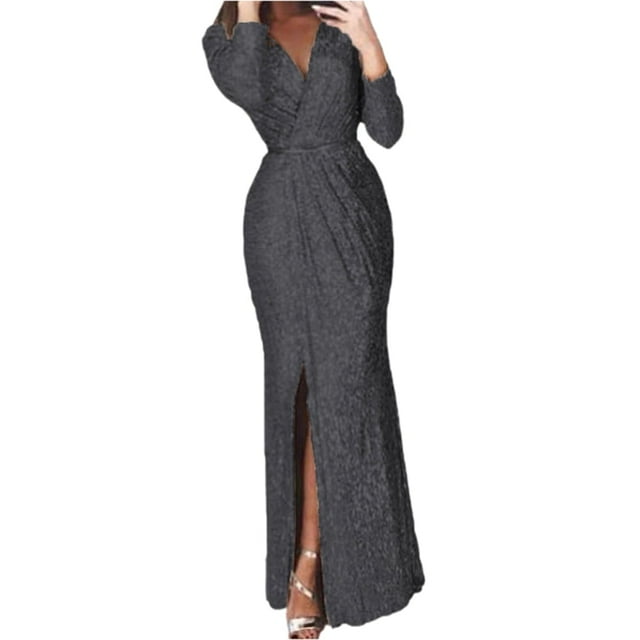 Femmes Profonde V Robe de Paillettes de Cou avec Fente à Manches Longues Club Soirée Robe pour les Femmes Lady 2XL Vin Rouge