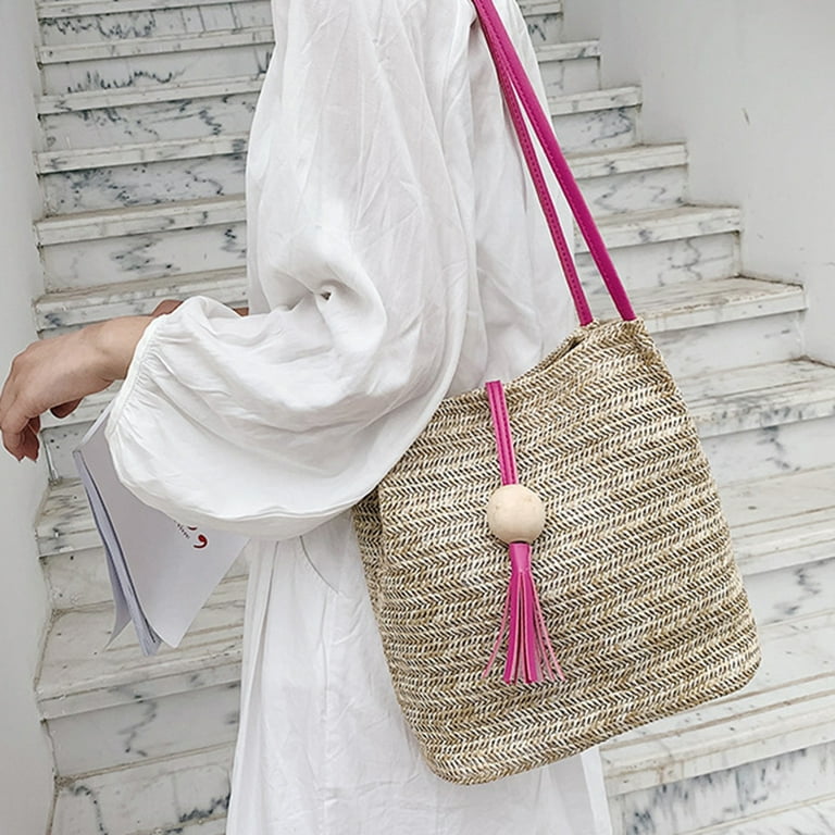 pink straw tote bag - summer tote bag with tassel!
