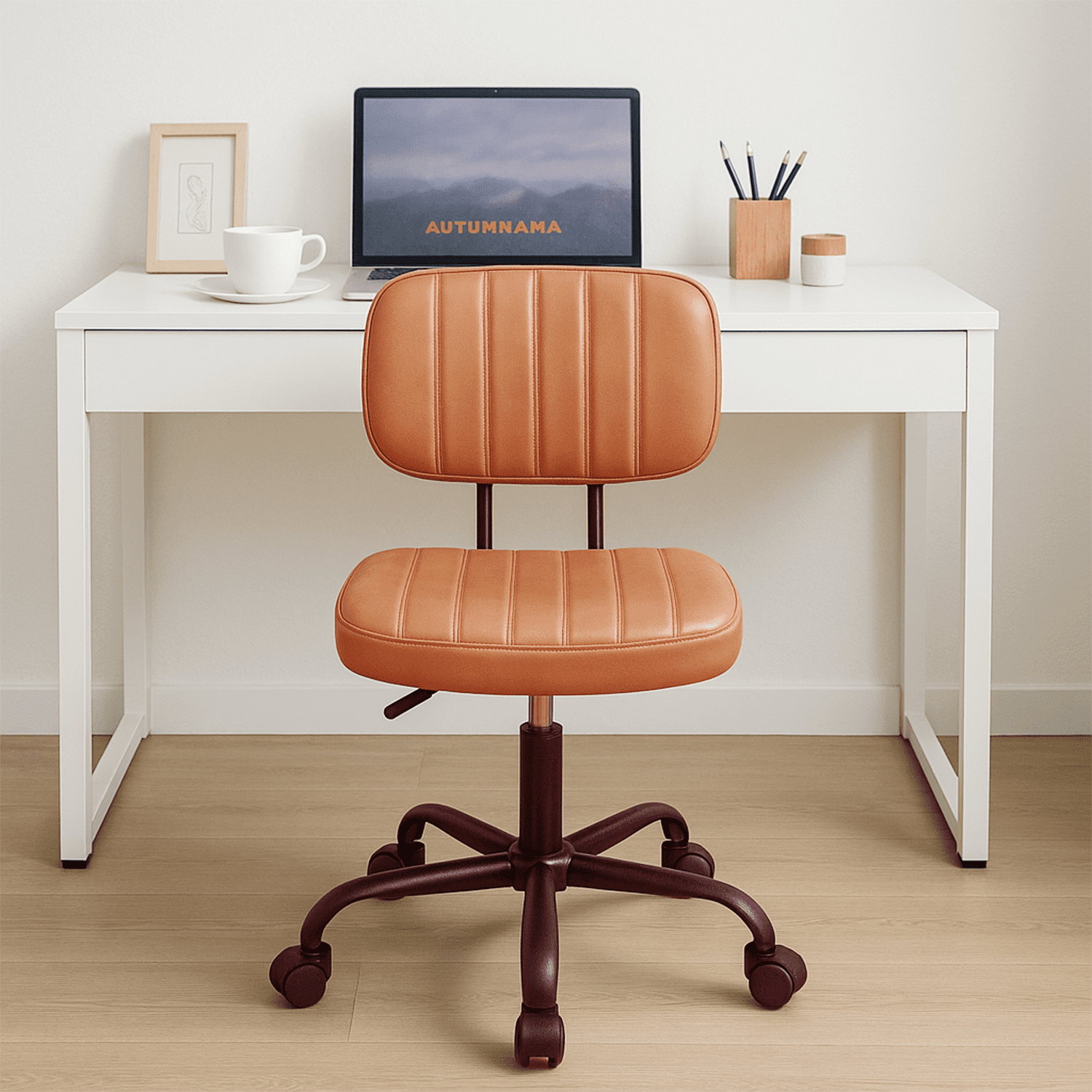 LIFERECORD PU Leather Armless Home Office Desk Chair, Small Ergonomic Task Chair for Adults and Students, Low Back Seating with Swivel, Adjustable Height, Rolling Wheels, Brown
