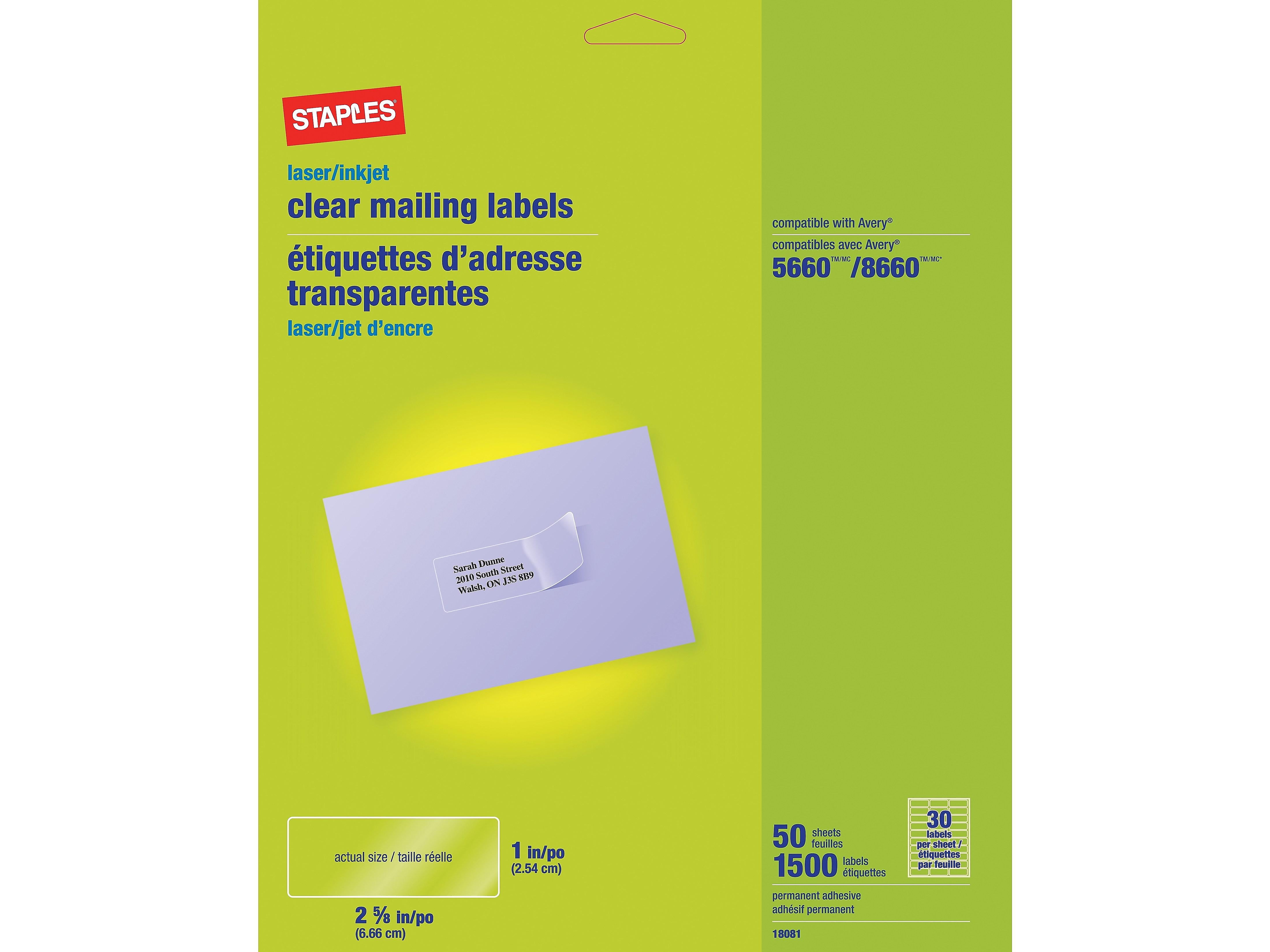 Staples Laser Inkjet Address Labels 1 X 2 5 8 Clear 30 Labels Sheet staples-laser-inkjet-address-labels-1-x-2-5-8-clear-30-labels-sheet