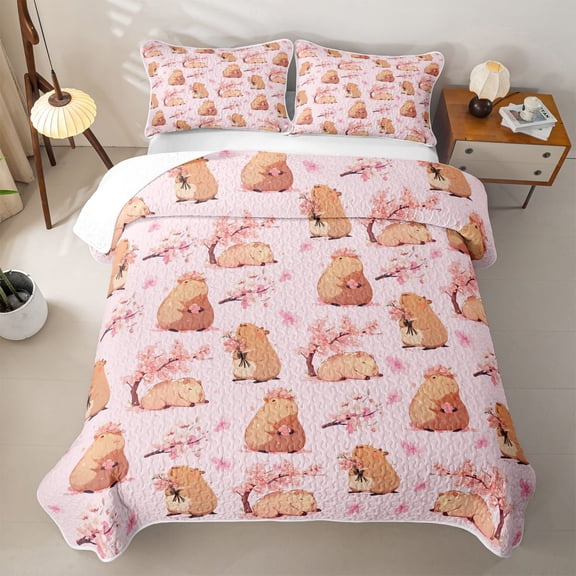 Erosebridal Cartoon Capybara Twin Quilt Set For Kids,Pink Cherry Blossom Twin Coverlet Set For Cute Animals Lover,2pcs