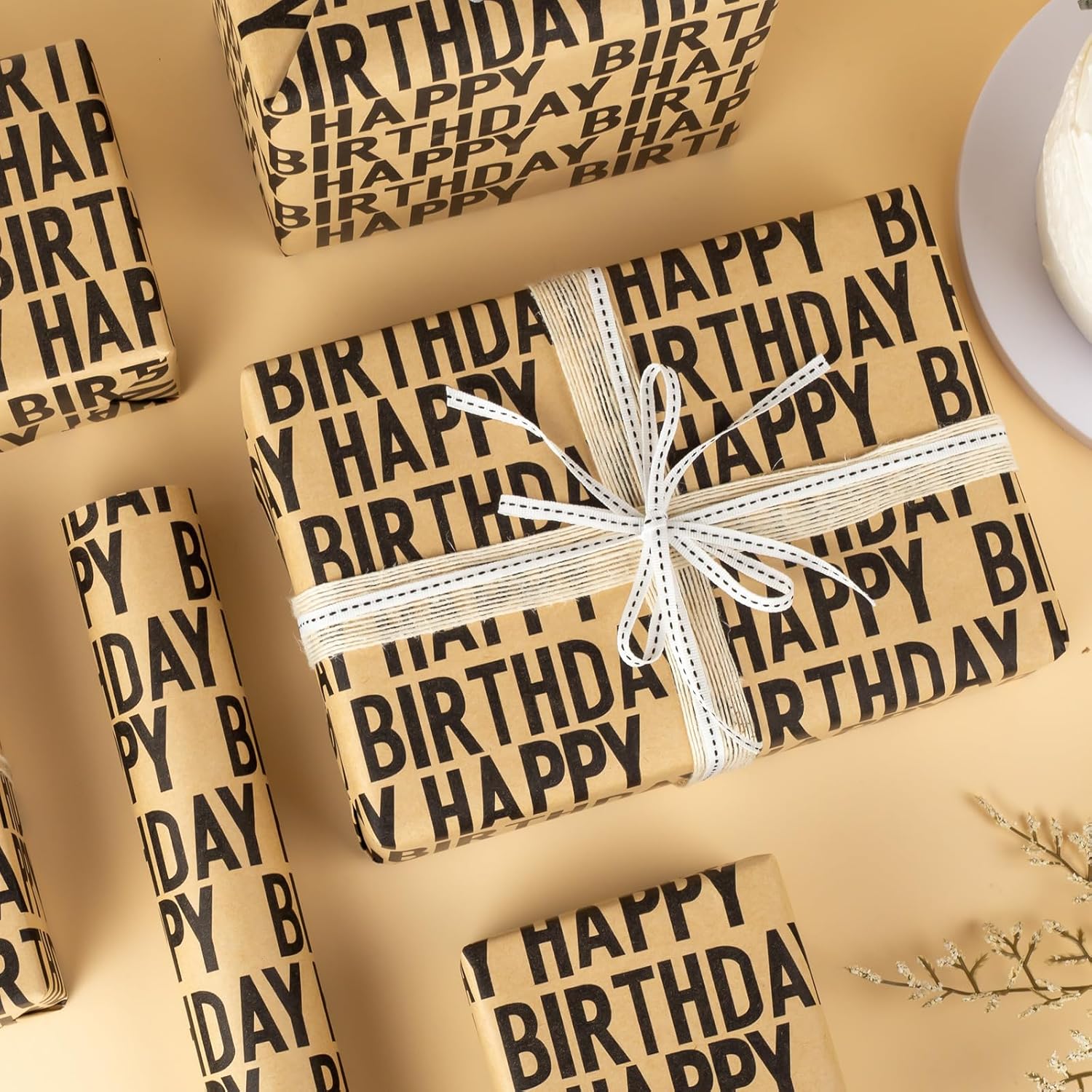 Birthday Kraft Wrapping Paper Roll, Mens Gift Wrapping Paper - 17 Inch x 33 Feet - Vintage Style Brown Black Happy Birthday Gift Wrap Thick Present Sheet for Holiday, Party, Father's Day