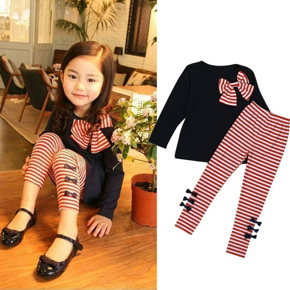 EnJoCho Baby Girl Little Sister Outfit 2Pcs Kids Baby Girls Clothing Long Sleeve Bowknot Dress T-Shirt Stripe Pants Set Children Little Girl Fashion Clothing Set