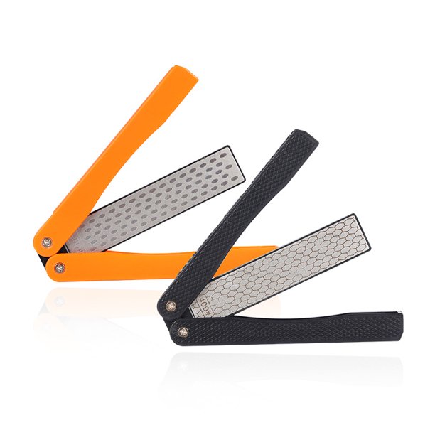 2 piezas portátil de mano de doble cara afilador de cuchillos de diamante de bolsillo piedra de afilar para cocina, herramientas al aire libre pulido fino/grueso (negro/naranja)