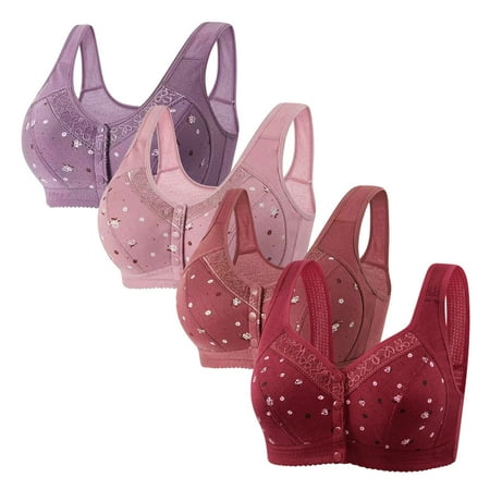 WIZUTIZ Bras for Women Front Closure Wireless Bras for Women 4-Pack Supportive Bras Wirefree Lift Trendy Full Coverage Bralette with Wide Straps Solid Embroidered Underwear for Lady Athletic M Purple