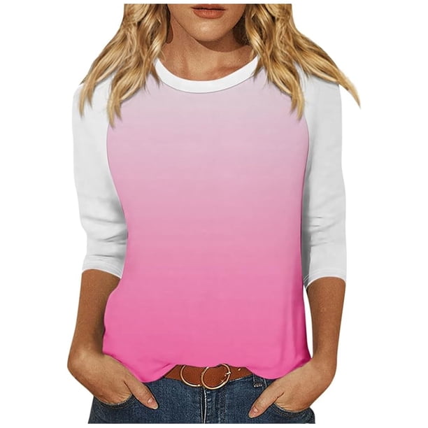 Camisas de Manga Corta para las Mujeres, 3/4 Manga Color Sólido Gradiente Impreso Cuello Redondo Casual Top Hecho de Tejido Súper Suave, Blusas de Manga Corta para las Mujeres