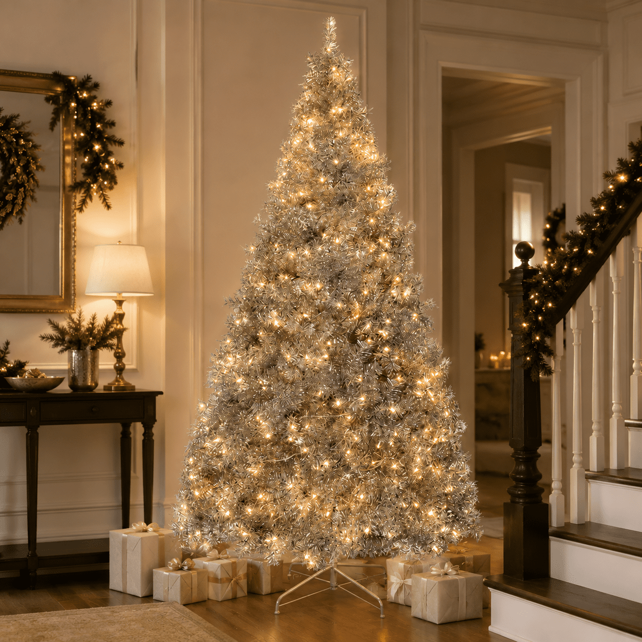 Alvantor 6 ft Pre-Lit Artificial Christmas Tree with 300 Warm White LED Lights and Remote Control, Indoor Christmas Decorations, Silver