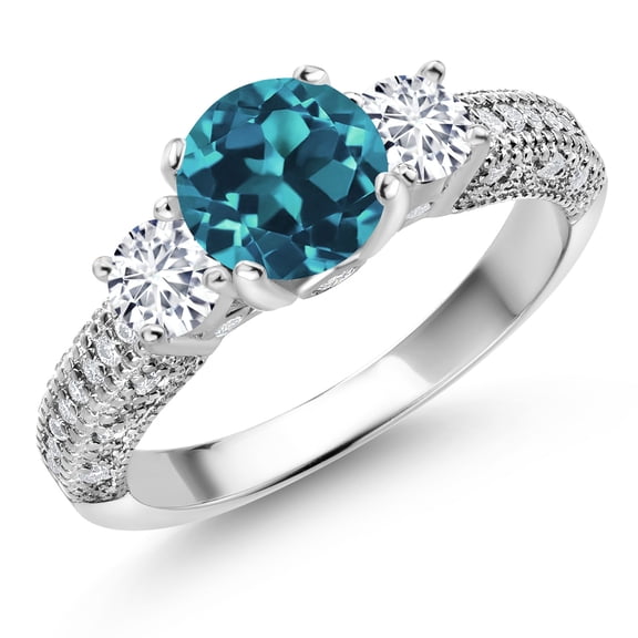 Gem Stone King 925 Sterling Silver London Blue Topaz White Lab Grown Diamond and White Moissanite Engagement Ring for Women (2.32 Cttw, Gemstone November Birthstone, Round 7MM and 4MM, Size 7)