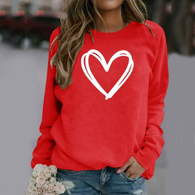Jsaierl Chandails en Molleton Décontractés à Col Rond pour Femmes Imprimé Cœur Manches Longues Pull-Over Automne Chaud Confortable Hauts Tendance Mignons Polyvalents Chemises Quotidiennes Blouses de Sortie
