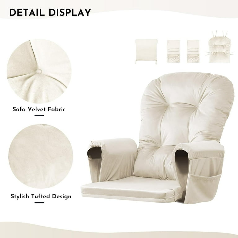 5Pcs Glider Rocker Replacement Cushions Velvet Glider Cushions Replacement Set with Side Storage Pockets Thick Glider Chair Cushions Washable Non