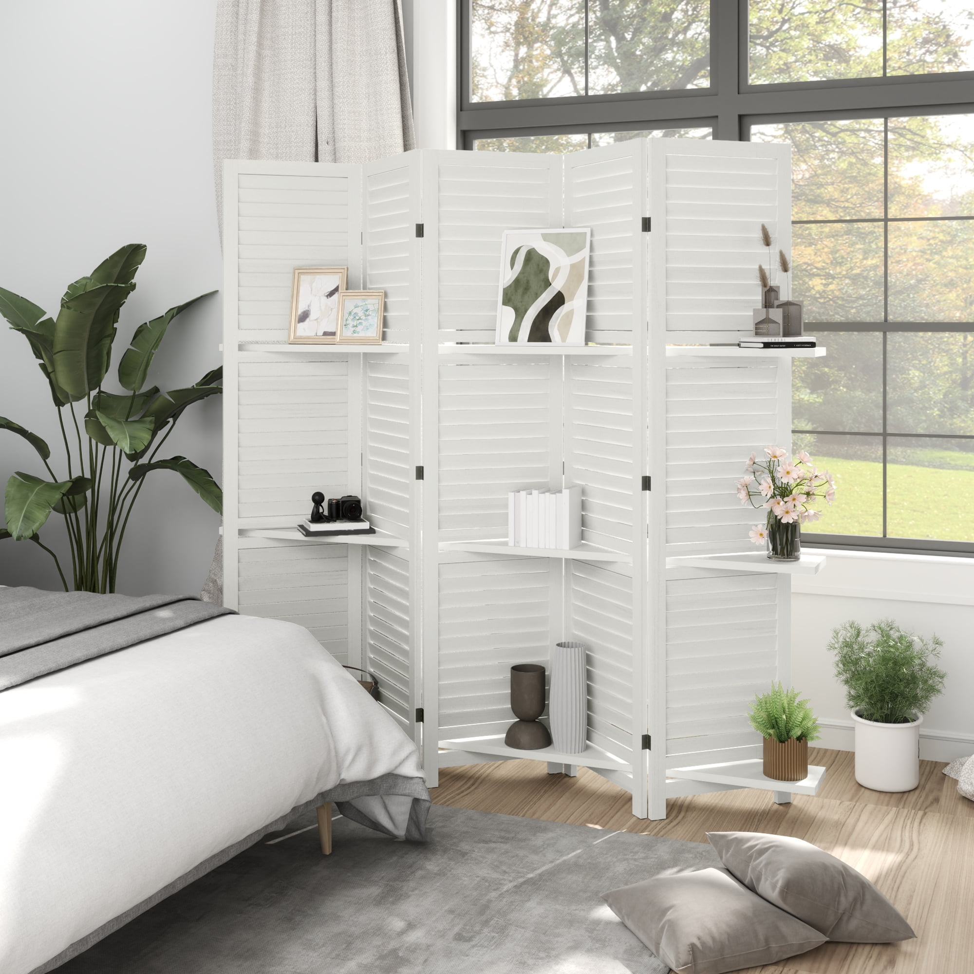 HOMCOM 5 Panel 67" Tall Wood Privacy Screen Room Divider with 3 Display Shelves, and Folding Storage for Bedroom or Home Office, White