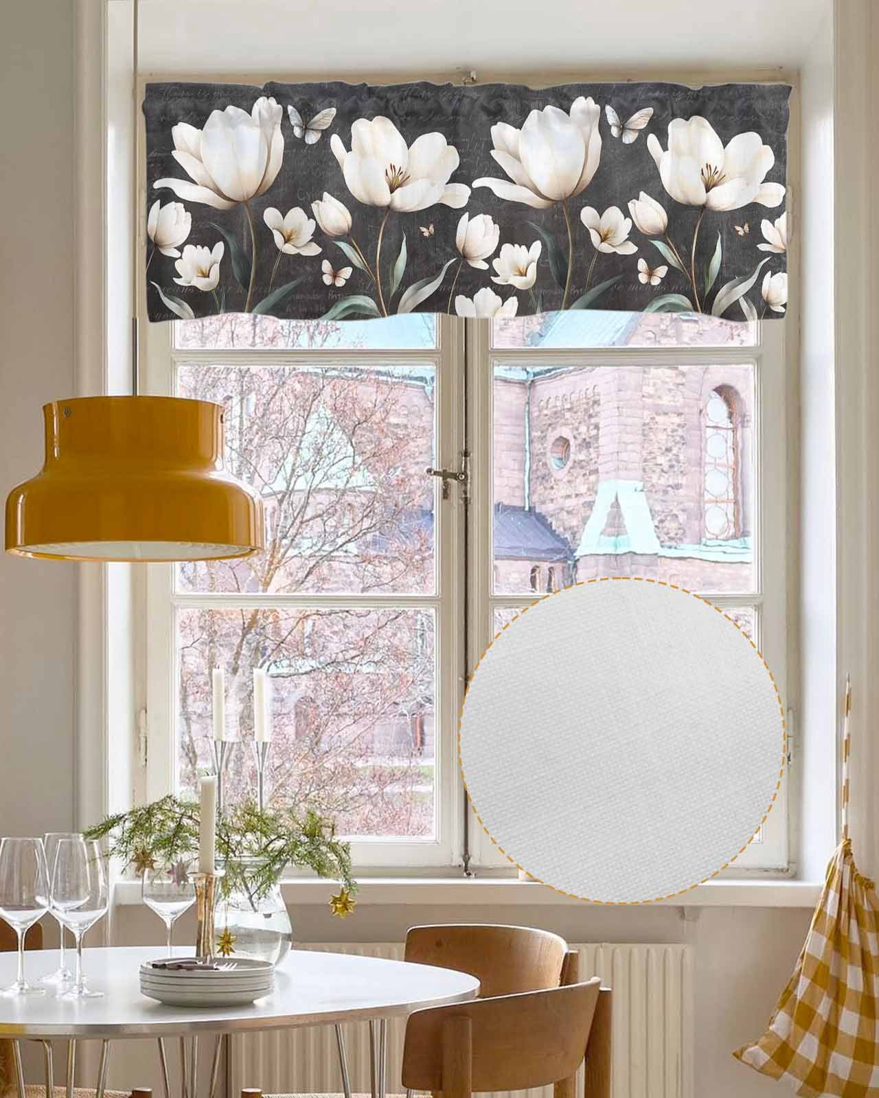 Farmhouse Floral Kitchen Valances for Windows Farmhouse Linen Window Valance Curtain for Living Room Window Treatment Magnolia Flowers Vintage Blackboard Valance Rod Pocket Topper Drape, 60 x 18 Inch