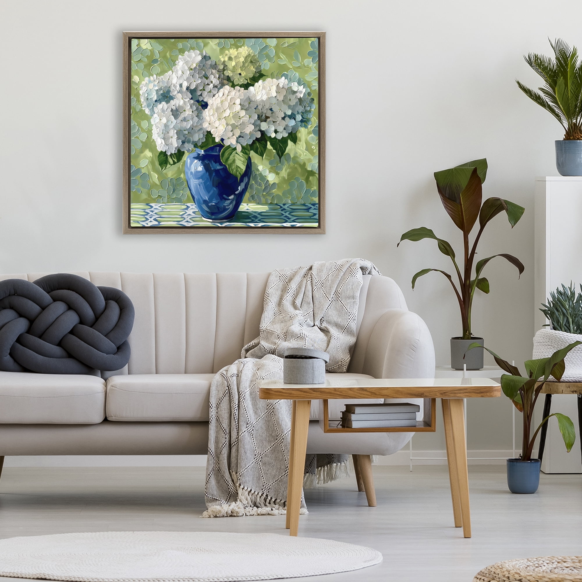 Stupell Industries White Hydrangeas in Blue Vase Brown Framed Floater Canvas Wall Art, design by Gina Kelly