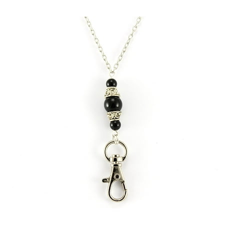 Phone Chain - Women's Fashion Lanyard Necklace for ID Badge, Key Chain or Phone, Silver Textured Chain with Black Pearl Pendant, Brenda Elaine Jewelry Collection