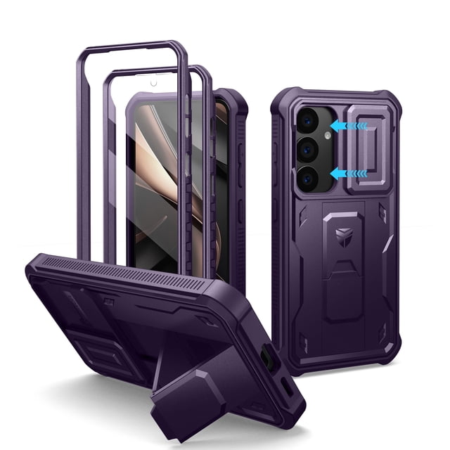 Dexnor for Samsung Galaxy S25 Case with Built-in Slide Camera Cover & Screen Protector & Kickstand, Heavy-Duty Shockproof Rugged Case Full-Body Bumper Protective Cover for Galaxy S25 2025, Purple