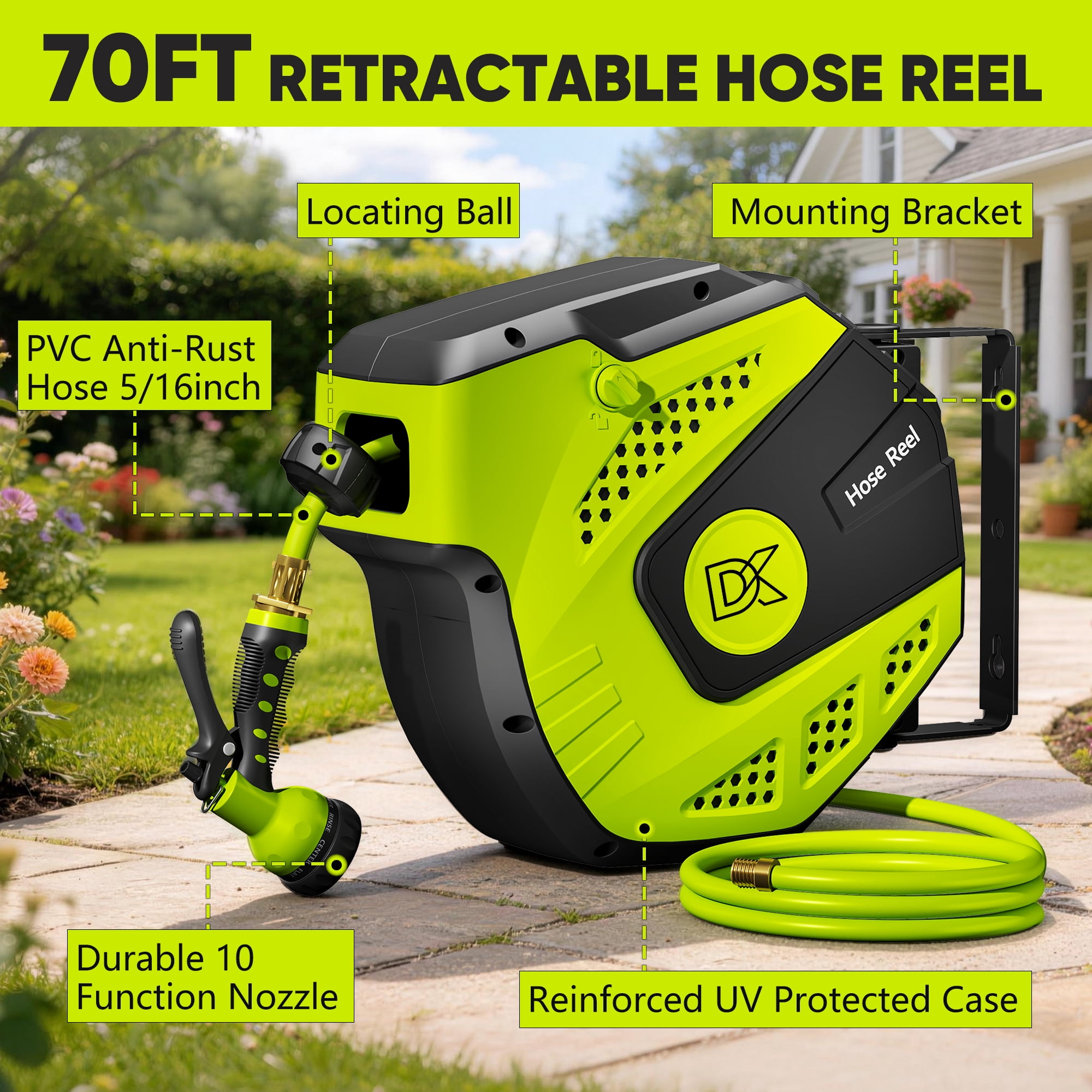 Dkenicor 5/16 70FT Retractable Wall Mount Garden Hose Reel,10 Pattern Nozzle,Automatic Self Retract&Any Length Lock,for Garden,Patio,Yard Use,Green