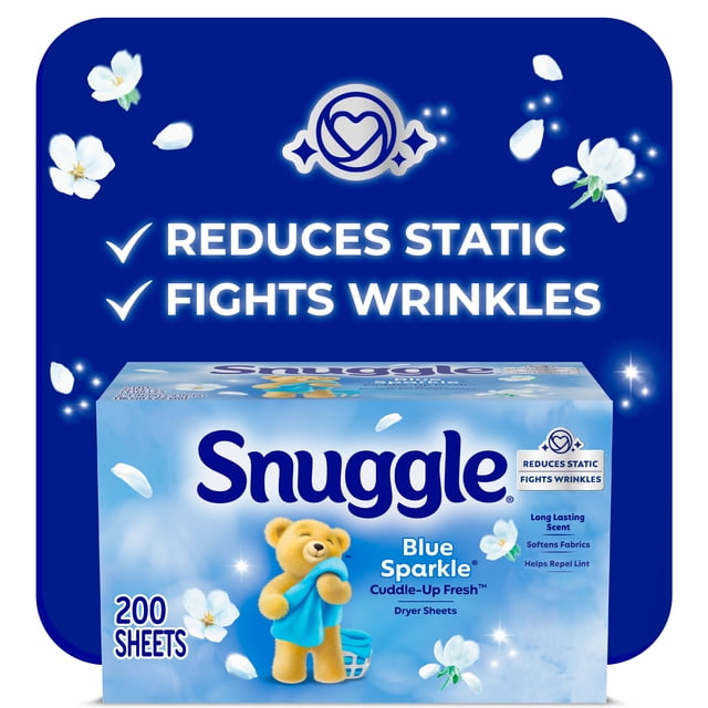 Snuggle Blue Sparkle Cuddle-Up Fresh Dryer Sheets, Reduces Static, Fights Wrinkles, 200ct, HE Compatible