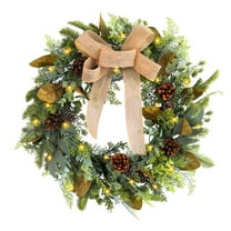 Elainilye Christmas Linen Bow Light Up Wreath for Door Decor, 18 inch Pine Cones Wreath for Shop Window and Home, Holiday Lighted Wreath for Indoor and Outdoor