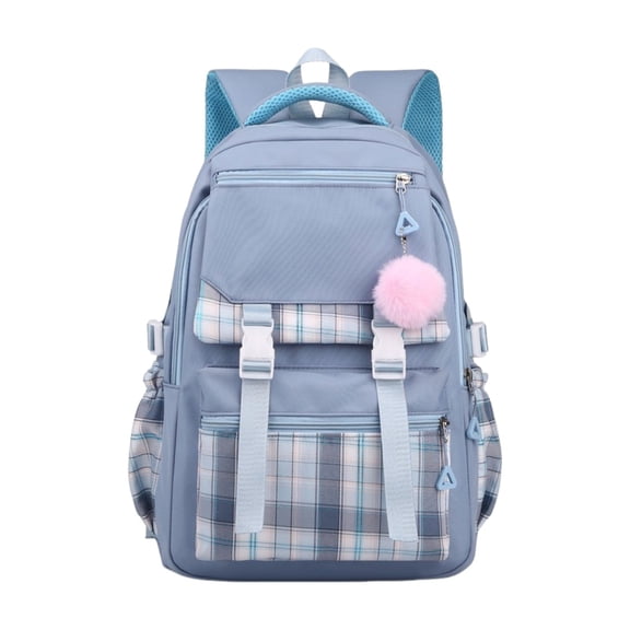 Plaid Patchwork Backpack With Pendant, Nylon Laptop Daypack For Travel Commute, Lightweight Casual School Bag With Multi Pockets, Blue 30x42x23cm (Multicolor, 42*30*23CM)