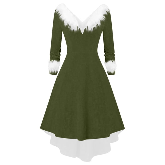 Levmjia Women Dresses Long Sleeve V-Neck Vintage Solid Color Stitching Fabric For Holiday Christmas Party Outfit Elegant Festive Attire