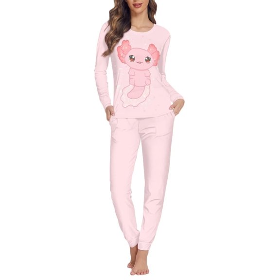 FKELYI Pink Axolotl Women Pajama 2pcs Soft Pajamas for Women Size M Leisure Round Neck Sleepwear Pajamas Set for Daily Life
