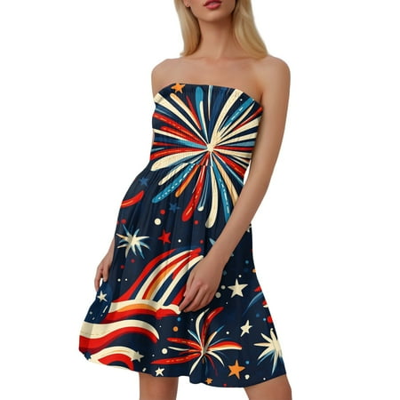 CHCNHAC 4th Of July Summer Dresses for Women 2025 Patriotic Red White and Blue Graphic Dresses Trendy Flowy Swing Strapless Cocktail Gowns Blue XL