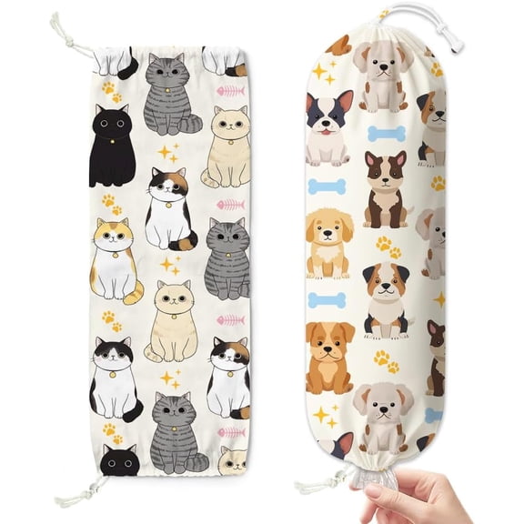 2 Pcs Cats and Dogs Plastic Bag Holder Hanging Grocery Bag Organizer with Drawstring Bottom 23" x 9" Large Storage Bags Dispenser