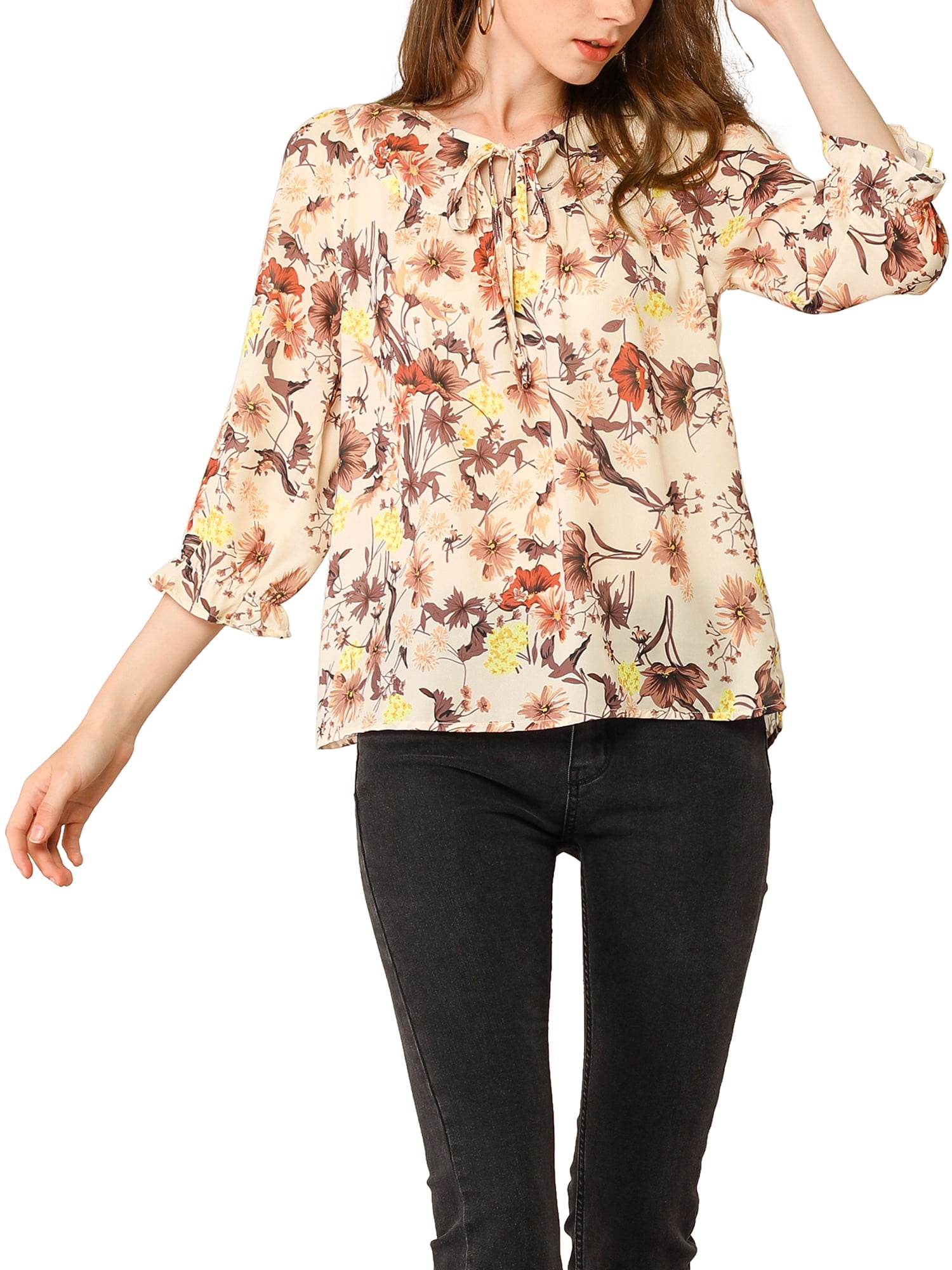 DARING DIVA Tie V Neck Boho Ruffled 3/4 Sleeve Blouse L Beige