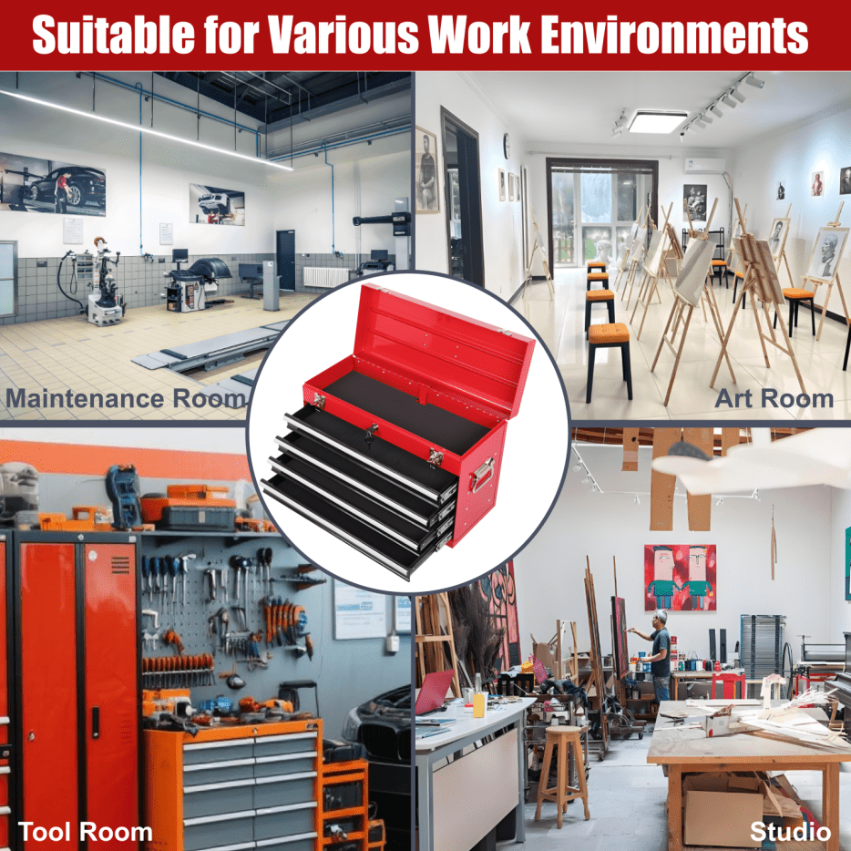Red Black Metal Tool Box - 23.62 in Length Portable Tool Chest with 4 Drawers and Ball Bearing Slides for Workshop Organizati