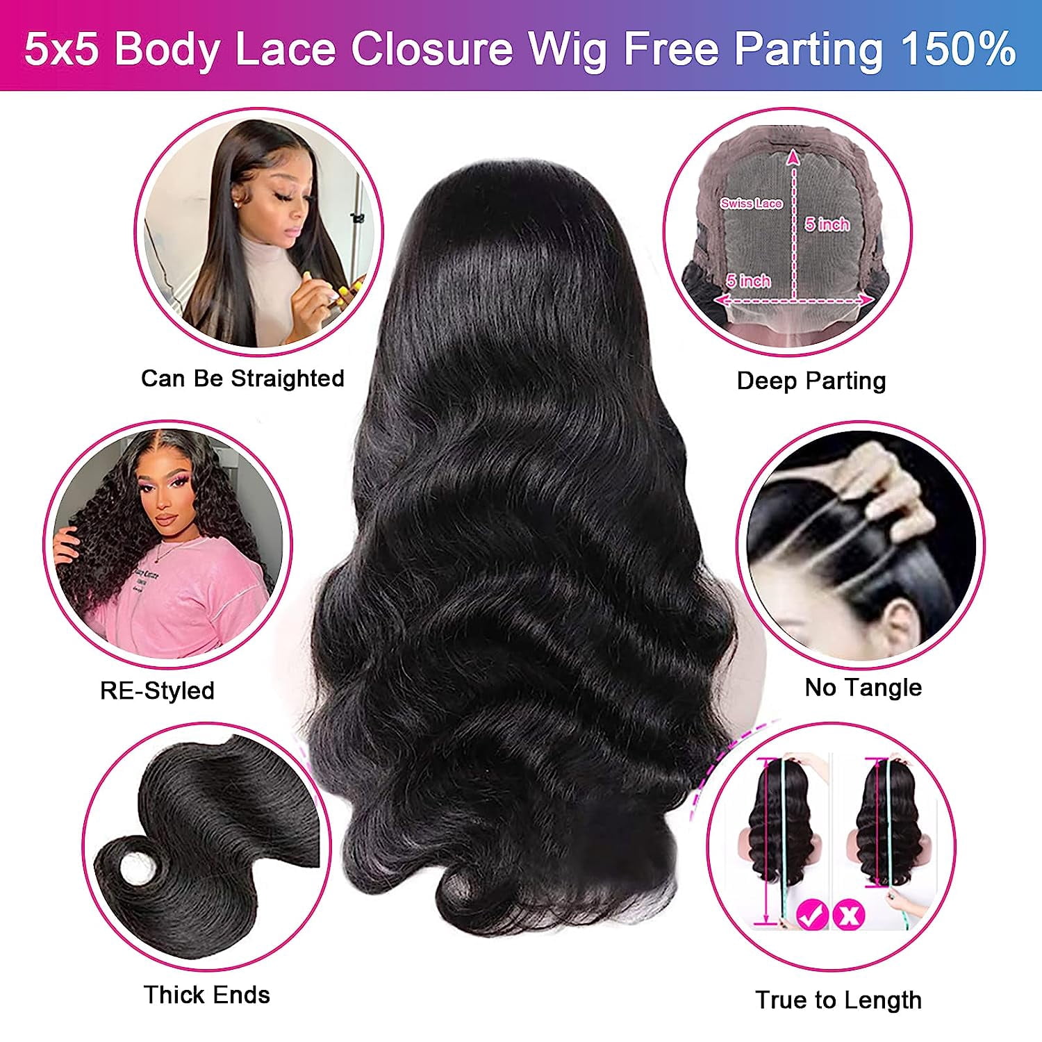 Lace Front Wig Human Hair Body Wave 5x5 Transparent Hd Lace Closure Wigs For Women 180 Density Pre Plucked Natural Black Color 18 inch