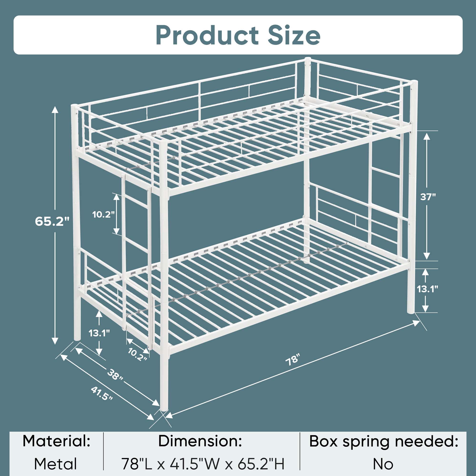 Aukfa Metal Bunk Bed Twin over Twin, Able to Split Two Beds for Kids Teens Dorm - White