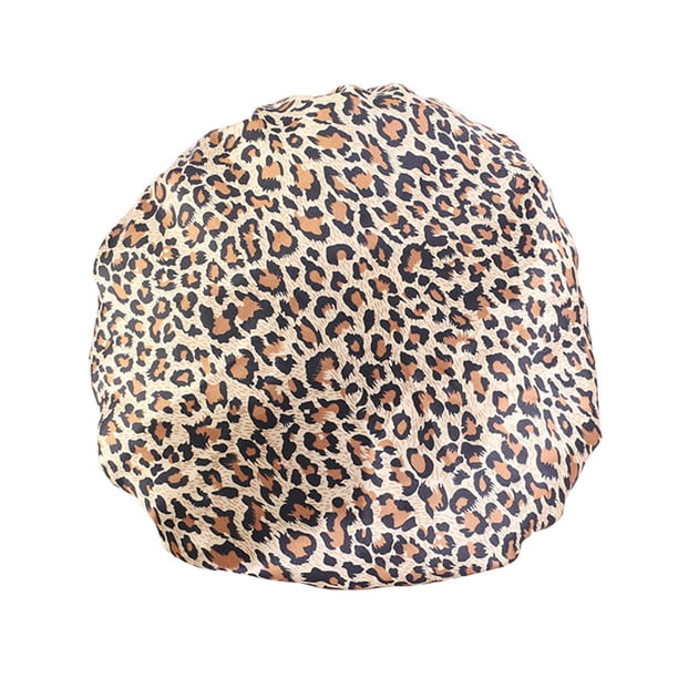 Minnieouse Gorro de dormir para mujer, gorro de satén elástico de banda ancha para cubrir la cabeza, calentador del cuero cabelludo, Sombreros estampado de leopardo M(56-58cm)