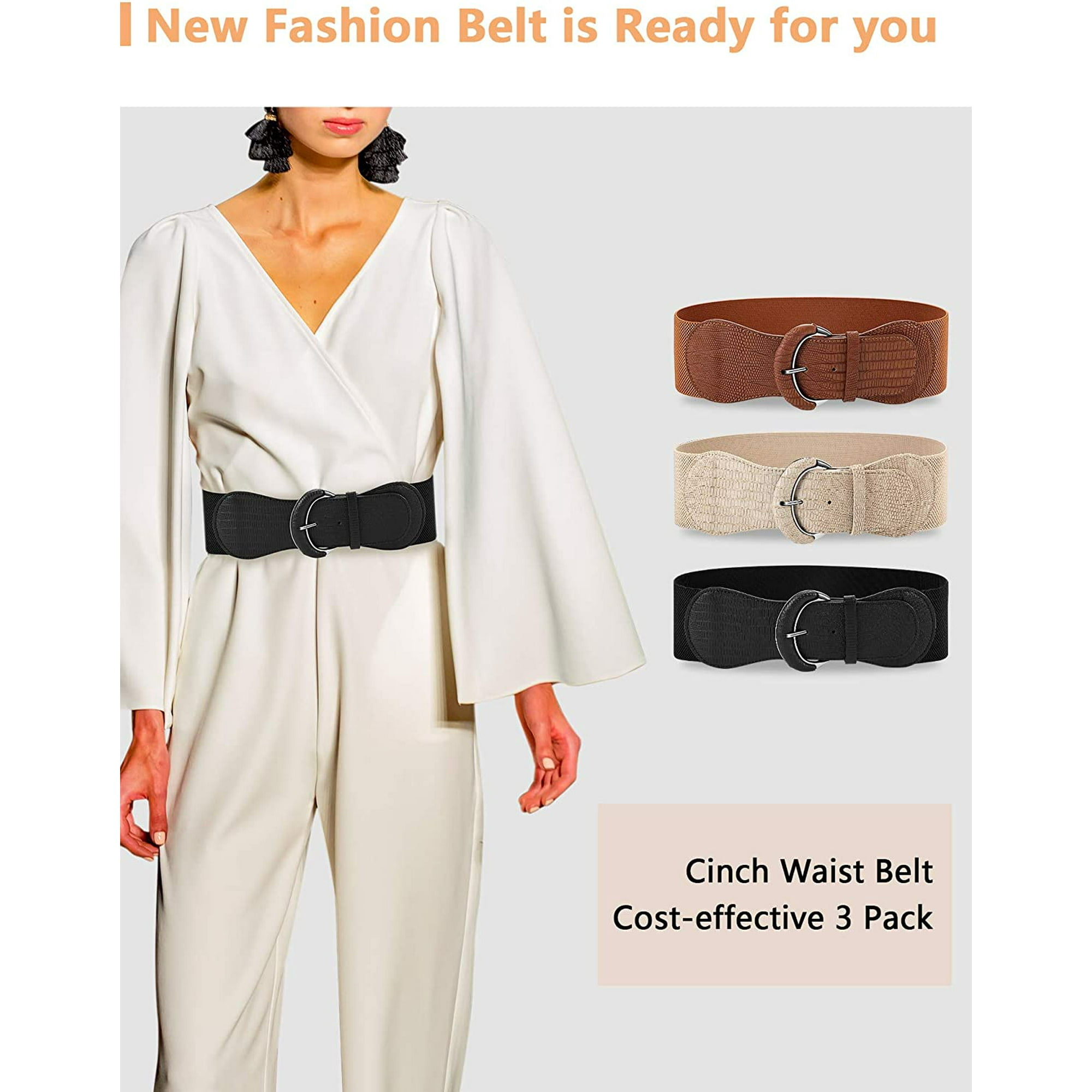 3 Pieces Wide Women Waist Belt Stretchy Cinch Belt Leather Elastic Belt for Ladies Dress Decoration Black Khaki Beige One Size 3 Pieces Wide Elastic Vintage Buckle Waist Belt Stretchy Cinch Belt Leath...