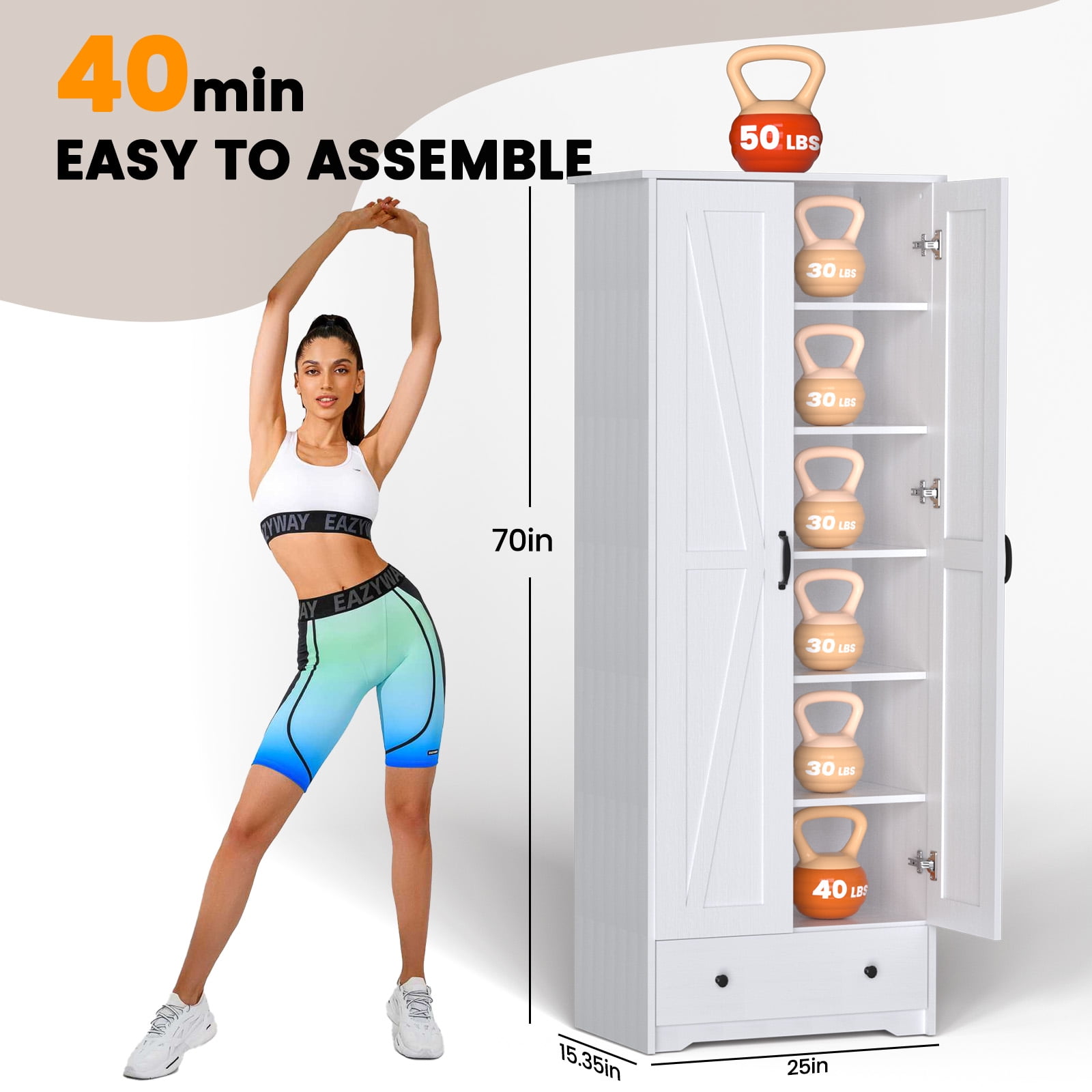 UPGO 70'' Tall Large Wood Storage Pantry Cabinet with 6 Adjustable Shelves, 2 Barn Doors and Drawer