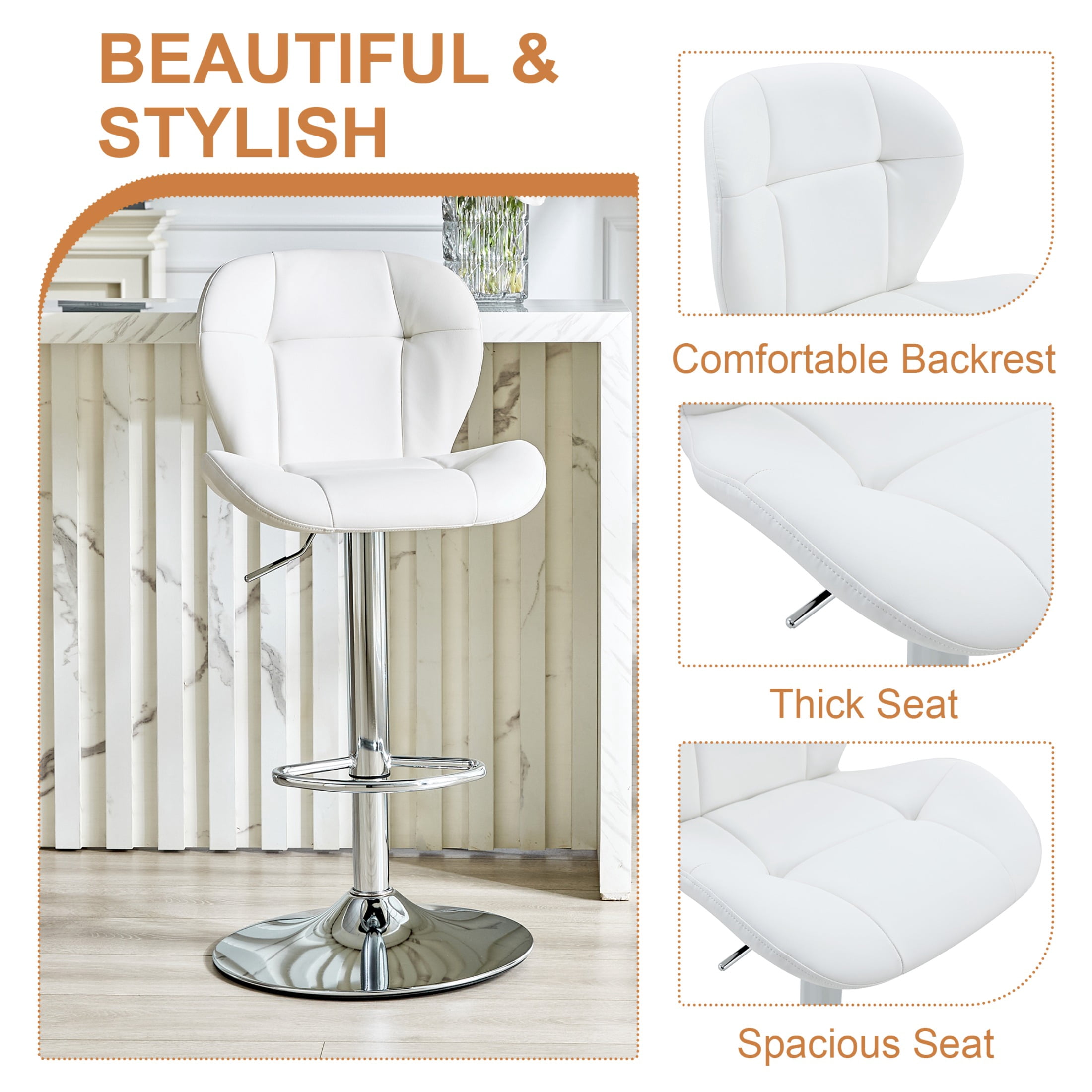 Bar Stools Set of 2, White PU Leather Upholstered Adjustable Swivel Barstools, Adjustable Height Bar Chairs with Silver Metal Base & Footrest for Kitchen Island, Pub, Bar
