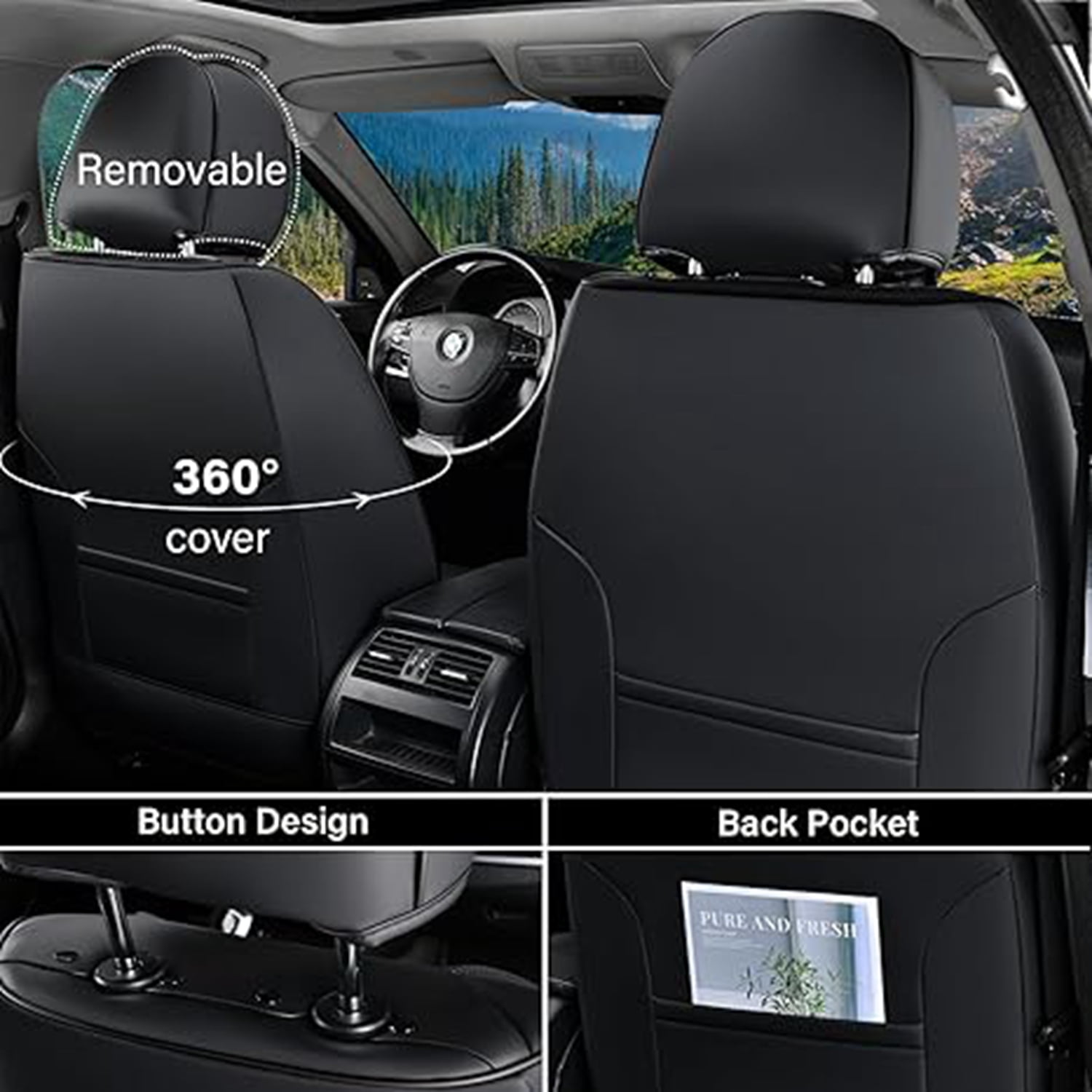 Coverado Car Seat Covers Full Set, Breathable Faux Leather Seat Protectors, Comfortable&Durable, Auto Cushion Universal Fit for Most Cars, Black