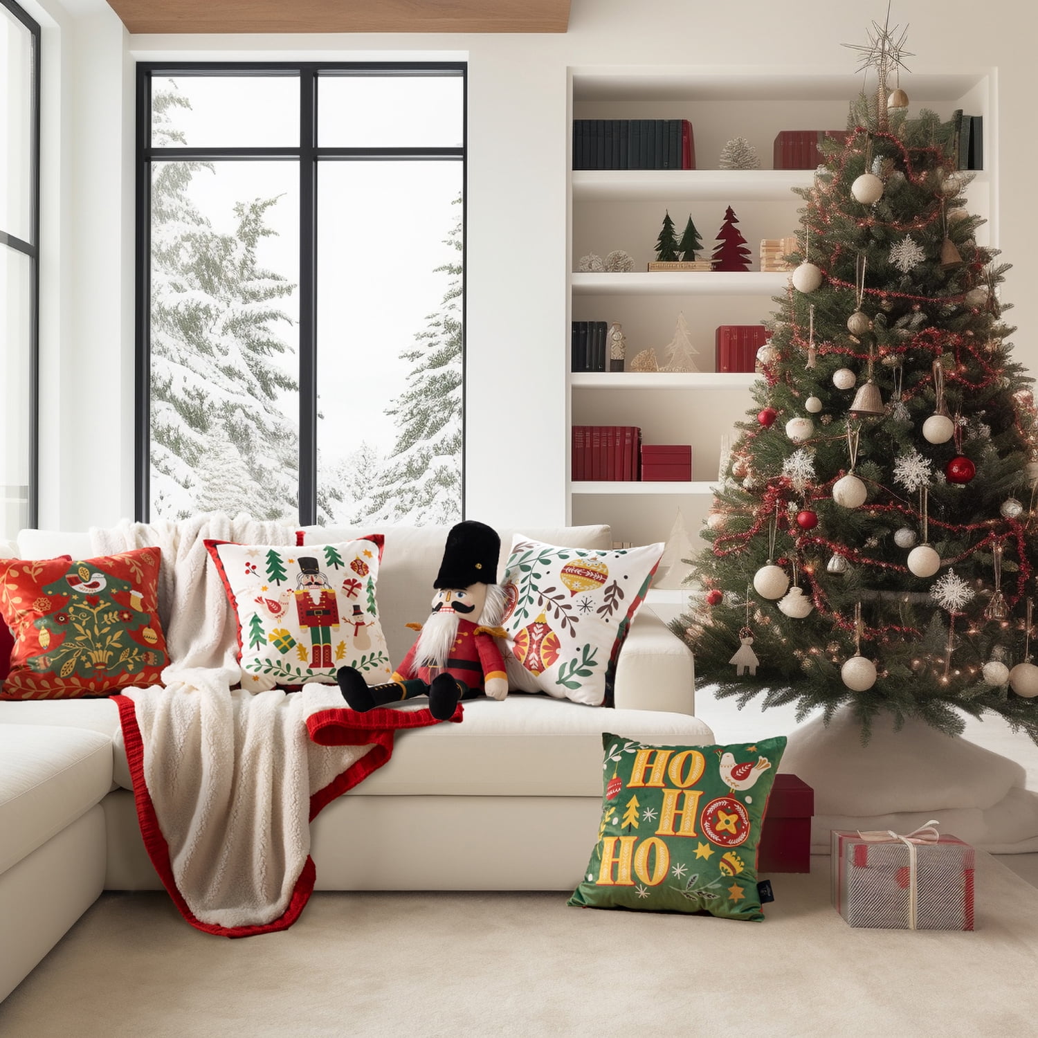 Christmas Nutcracker Velvet Decorative Pillows, Color Blocking Printed Christmas Series, 18" x 18", Red and Green, Set of 4