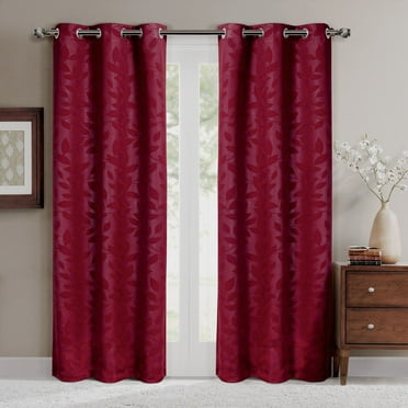 Virginia Pair (Set of 2) Blackout Weave Energy-Saving Thermal Curtain Panels Grommet Embossed fabric Leafy Designs - 74"W X 108" L - Burgundy